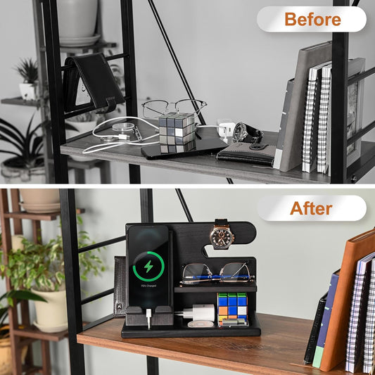 Wood Phone Docking Station for Men - Desktop or Nightstand Organizer - Birthday Gifts for Men, Dad - Anniversary Idea from Wife - Key Holder, Stand Wallet, Watch & Essentials (Fumed Black)