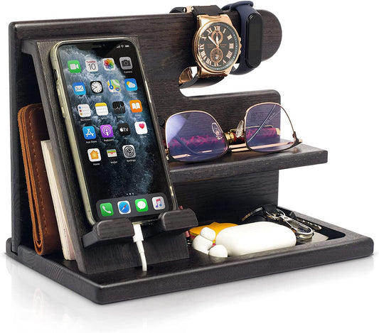 Wood Phone Docking Station for Men - Desktop or Nightstand Organizer - Birthday Gifts for Men, Dad - Anniversary Idea from Wife - Key Holder, Stand Wallet, Watch & Essentials (Fumed Black)